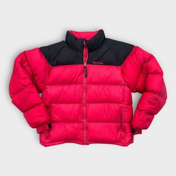 Vintage 90s Marmot Down Puffer Coat Full Zip Red Black Yoke Men's sz Medium - Picture 11 of 12